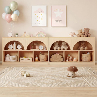 Avdain 86.6"W Arched Montessori Kids Bookshelf and Toy Storage Organizer, Low Bookcase with Open Shelves and 6 Cubbies