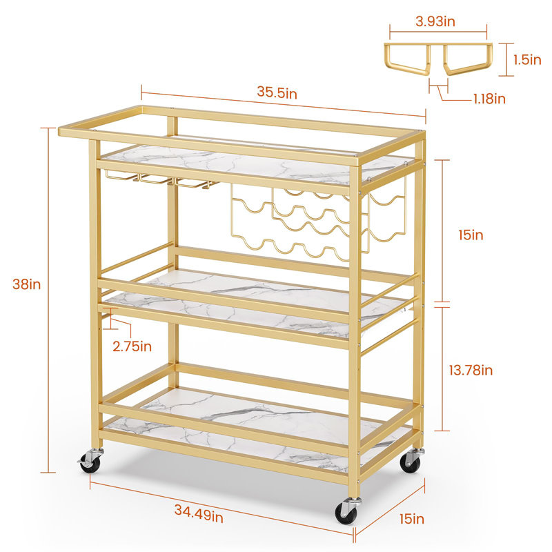 3-Tier Gold Bar Cart with Marbled Shelves - For Kitchen & Dining Room