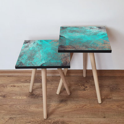 Stylish Nesting Table Set (2 Pieces), Turquoise & Grey with Mink Accents, 13.8 x 18.5 x 13.8 in (Larger) & 13.8 x 16.5 x 13.8 in (Smaller) | 100% MDF with Beech Wood Legs | Modern Abstract Design for Living Room or Office