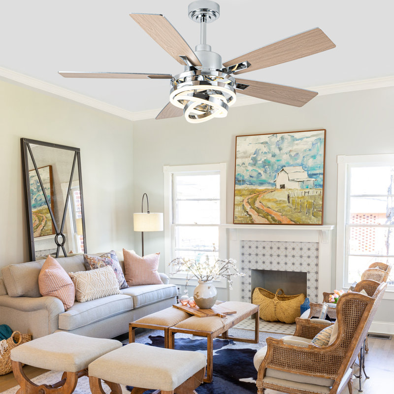 Eustolio 52" Modern Ceiling Fan with Lights and Remote, Reversible DC Motor, Dimmable LED Light, 6-Speed Chrome Ceiling Fan for Bedroom