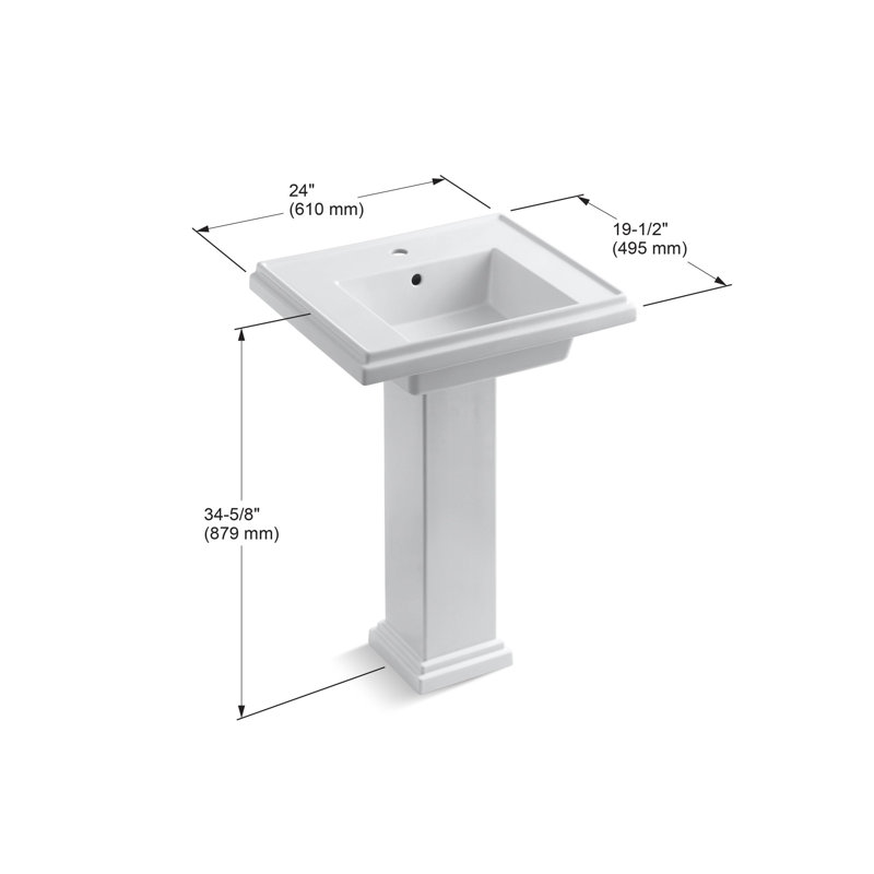 Tresham Fireclay Pedestal Bathroom Sink, White, Single, 34.625" H x 19.5" W x 24" L