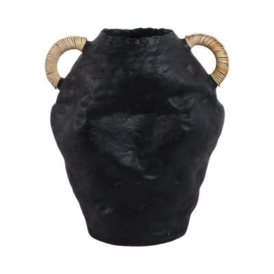 Vase en terre cuite noir fabriqué à la main avec poignées tissées - Décoration en argile décorative pour décoration intérieure moderne