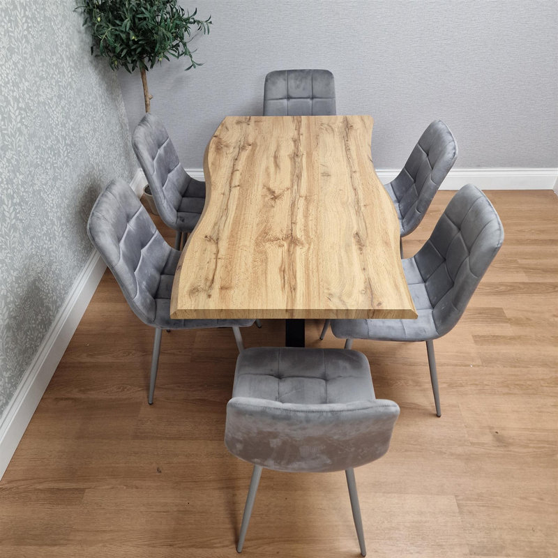 Wooden Brown Dining Table with 6 Velvet Chairs, Stylish Dining Room Furniture, Grey, 75cm H x 140cm W x 80cm D