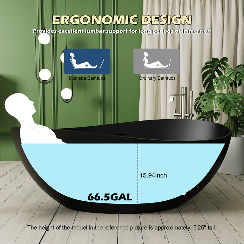63" Egg-Shaped Wavy Curves Solid Surface Bathtub, Freestanding Seamless Deep Soak Tub with Drain & Overflow – Spa Sanctuary for Luxury Bathrooms