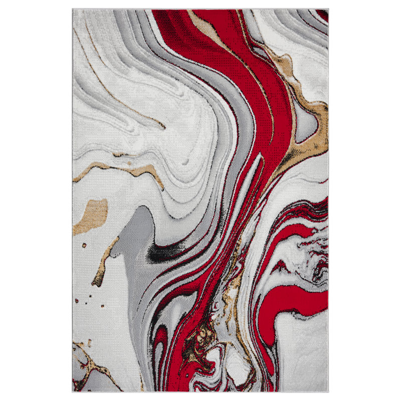 Modern Abstract Area Rug Swirls Contemporary Marble Colorful Carpet For Living Room Bedroom With Gold Lurex Accents, Red