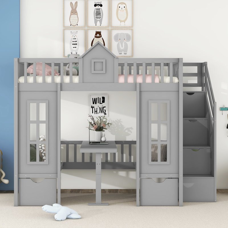 Twin Over Twin Convertible Bunk Bed with Table & Seats, Space Saving Wooden Loft Bed for Kids Bedroom, Gray