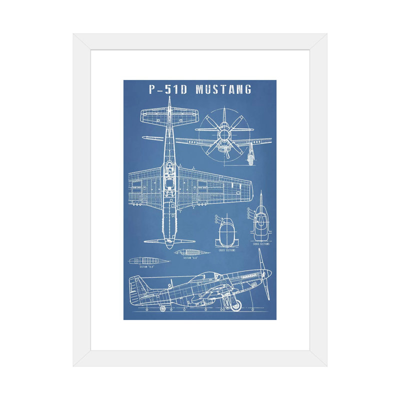P-51 Mustang-imprimé rétro avion, H 24 po x l 16 po x P 1 po, Papier encadré blanc, Blanc