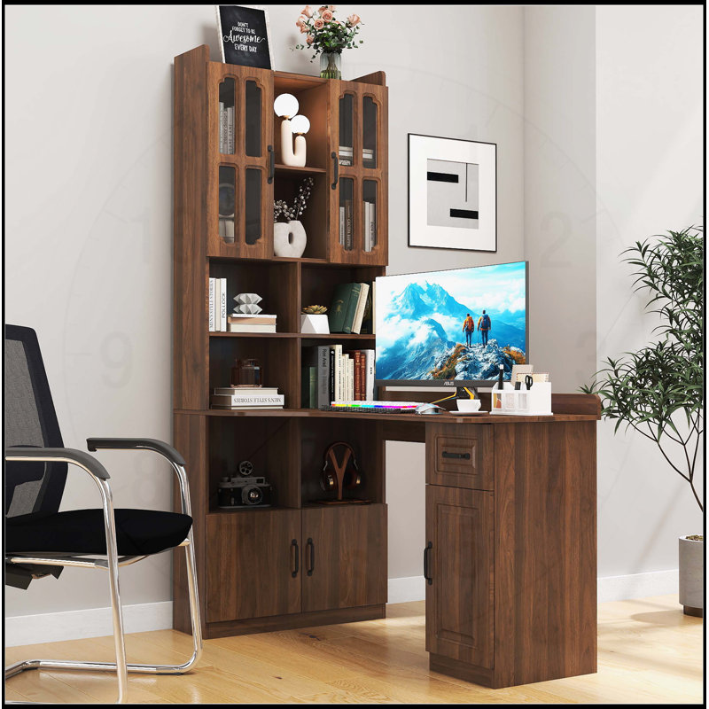 Bureau d'ordinateur en L en forme de L avec rangement spacieux, design 2 en 1 pour le bureau à domicile et le bureau, table de style moderne avec tiroirs, bibliothèque et huche