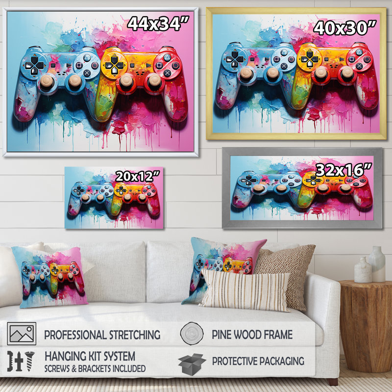 «Pink and Blue Ps Video Game Controllers», art mural jeux vidéo, Cadre flottant doré, H 24 po x l 32 po x P 1 po
