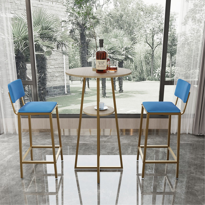 Ensemble de table et chaises de bar, ensemble de trois pièces, structure dorée, coussins et dossiers de siège en éponge, table de bar avec fonction de rangement (plateau de table doré + brun + coussin bleu)