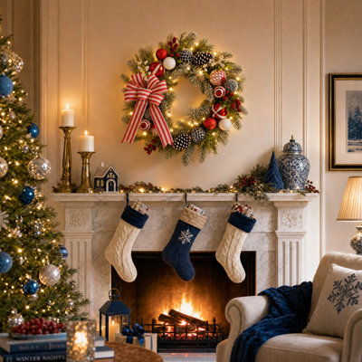 Couronne de Noël luxuriante de 61 cm avec lumières DEL, décorations électroplaquées et ruban