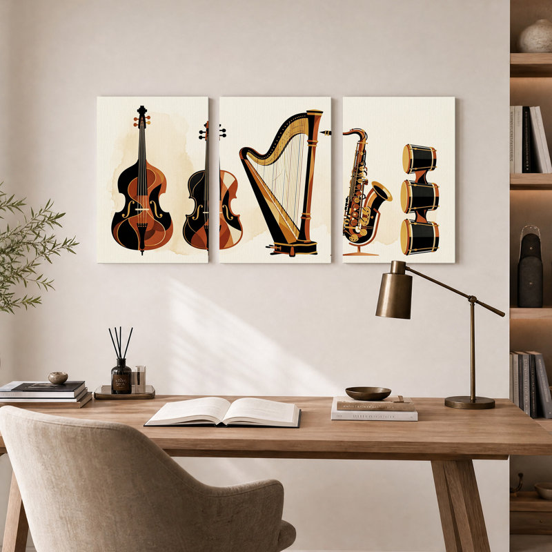 Ensemble d'instruments de musique sur toile bruns et noirs rétro, H 24 po x l 16 po x 3 pièces