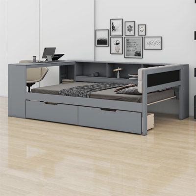 Wood Platform Bed With Storage Shelves, Drawers, Charging Station And Upholstered Headboard by Lark Manor