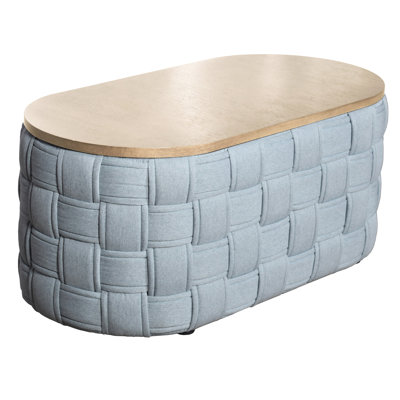 Table basse bleu sarcelle avec base texturée, plateau de table épais de 15 mm pour des utilisations multiples, conversation de forme ronde, tissu chenille, texture de base en bois naturel, plateau de table stable, conception agréable, bavardage, tissu, toucher