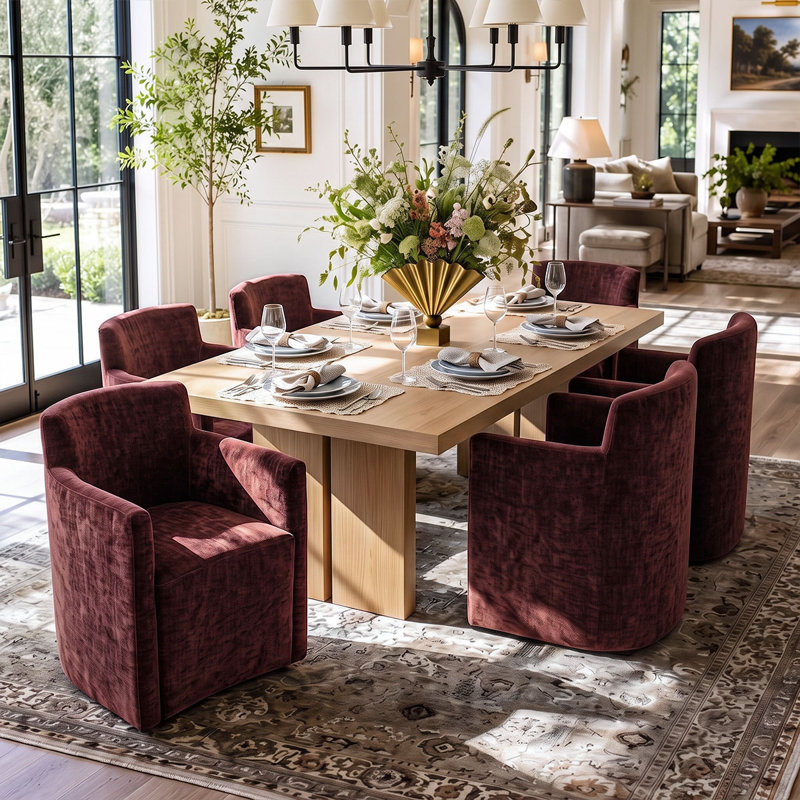 Fauteuil de salle à manger classique entièrement rembourré en chenille avec roulettes dissimulées, 6, Bourgogne