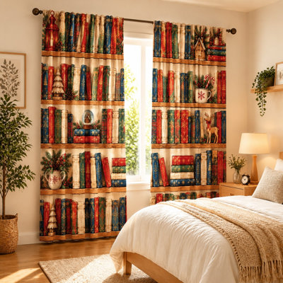 Ensemble de 2 rideaux imprimés style bibliothèque vintage, rideaux décoratifs sur le thème de Noël pour chambre, salon et cuisine, avec passe-tringle filtrant la lumière