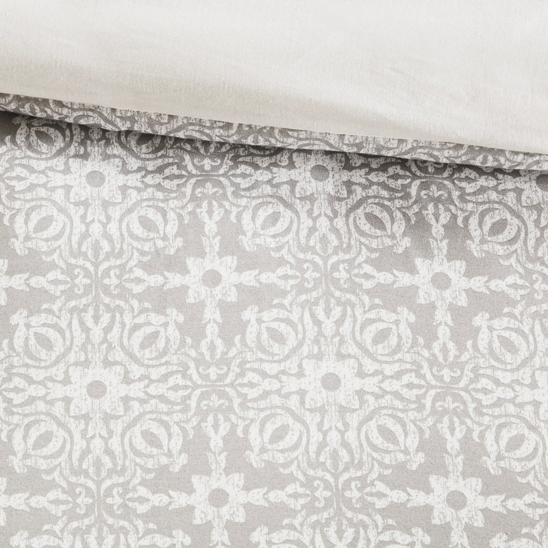 Très grand / très grand lit brodé, literie réversible, tissu de coton et gris, housse de couette 4 médaillons, coton, détail, revers imprimé, collection de literie douce