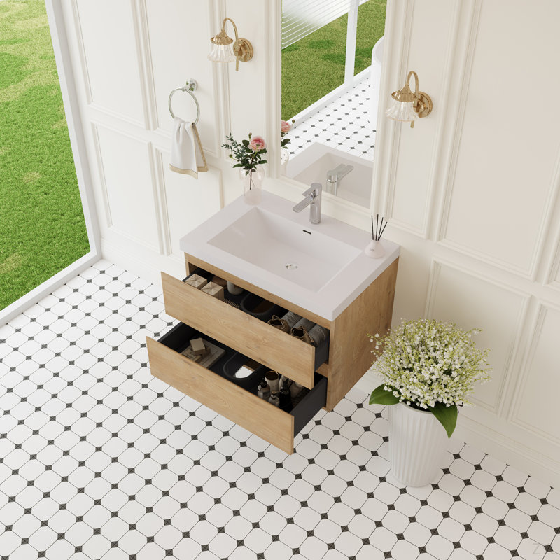 Meuble-lavabo mural 30 po avec lavabo, meuble-lavabo mural moderne avec lavabo à surface solide et tiroirs à fermeture en douceur, chêne naturel 24V11-30NO