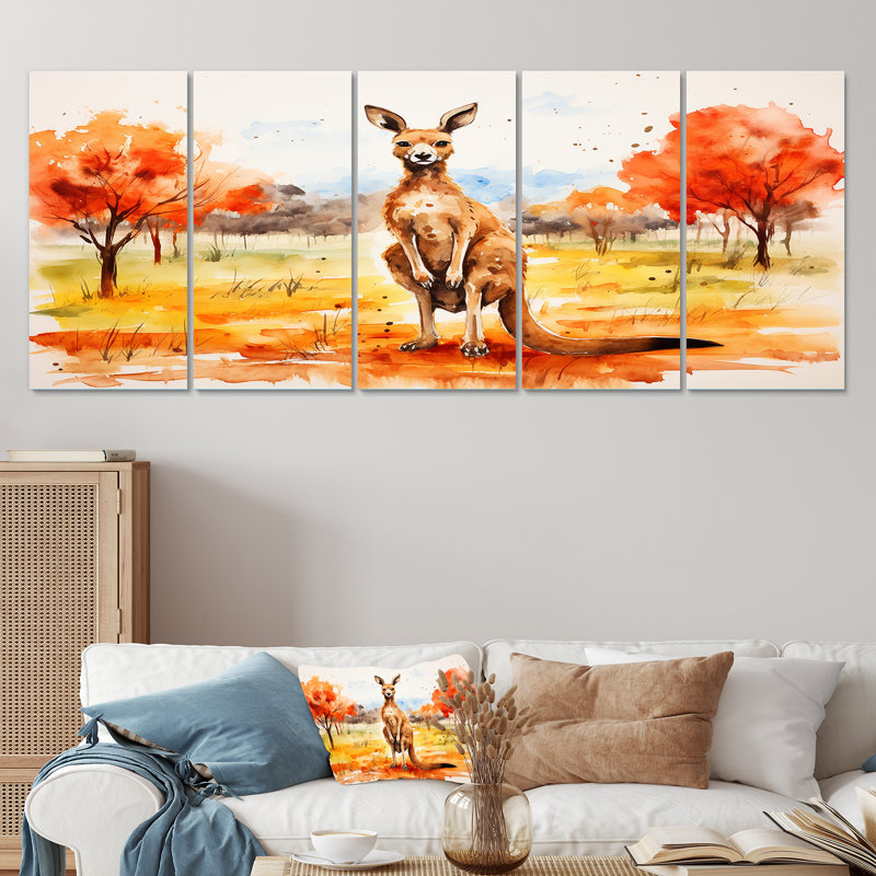 Ensemble d'art mural 5 pièces kangourou brun et orange, H 28 po x l 60 po