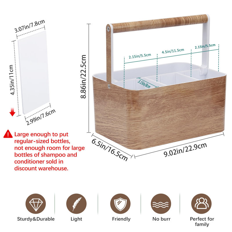 Panier de douche pour salle de bain avec poignée, panier de rangement en plastique pour salle de bain, cuisine, armoire, grain de bois