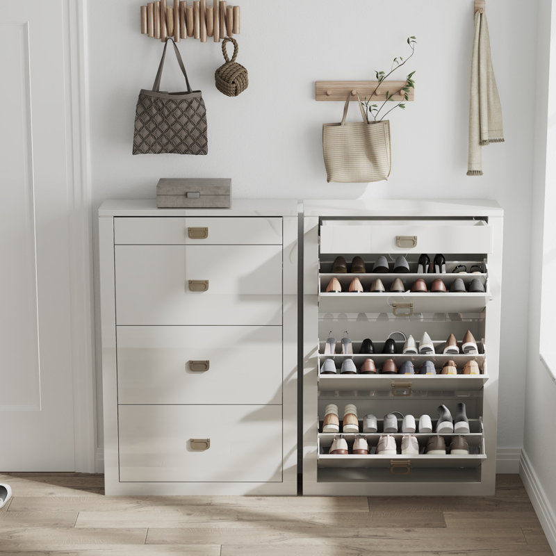 Armoire à chaussures blanche haute brillance avec 3 tiroirs rabattables et tiroir coulissant, armoire à chaussures à poignées en métal, armoire à chaussures pour le vestibule