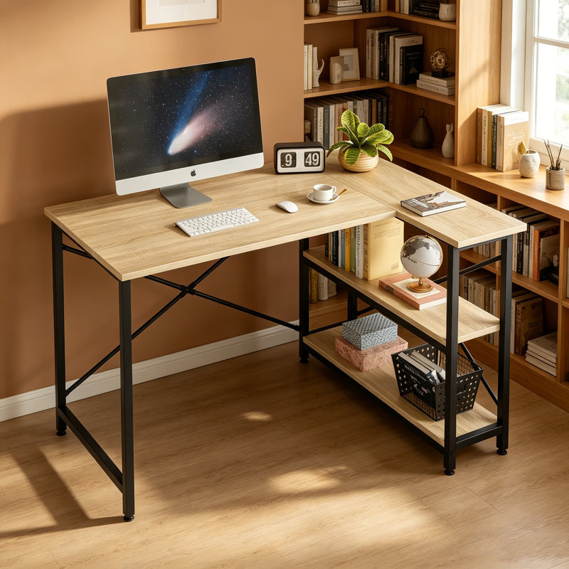 Aliff Modular L-Shaped Stainless Steel Computer Desk, 74cm H x 120cm W x 90cm D, Oak
