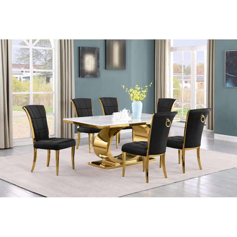 Bannister Marble Top Pedestal Dining Set, 7, Black/Gold, Gold