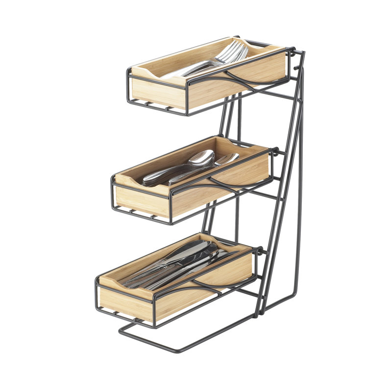 Bamboo Black 3-Tier Metal Flatware / Condiment Display with Bamboo Bins