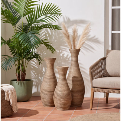 Set of 3 Beige Artificial Rattan Floor Vases – Elegant Woven Home Decor for Living Room, Hallway, or Entryway