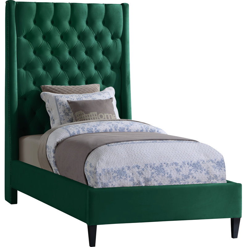 Dymph Upholstered Wingback Bed, Twin, Green Velvet