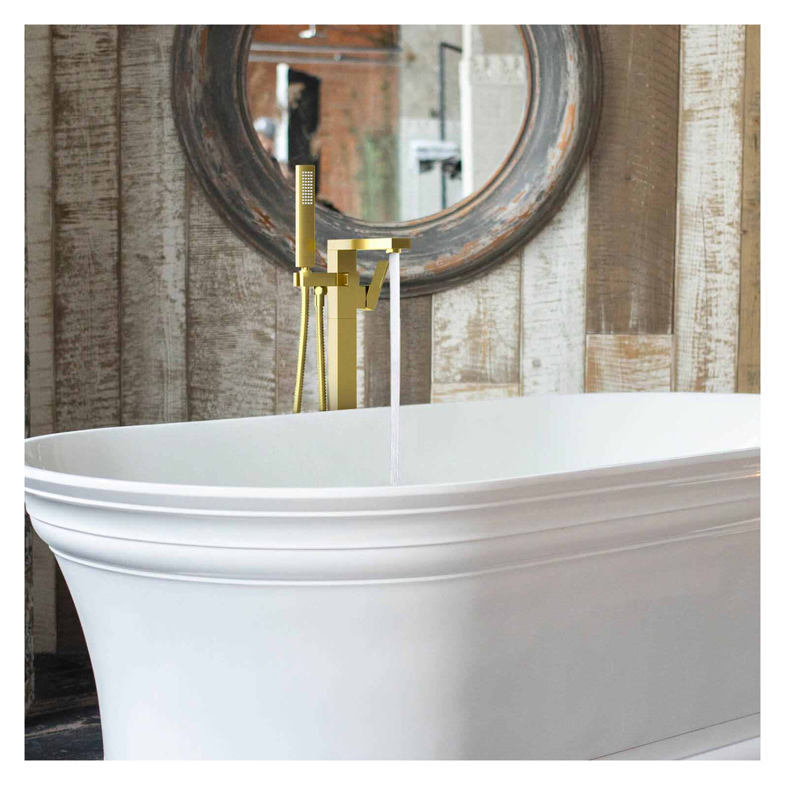 Cube Floor Tub Spout with Diverter, Brushed Gold