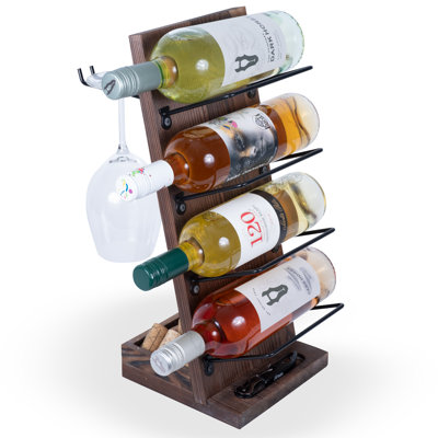 Support à vin de table pour 4 bouteilles avec 2 verres à pied et rangement en liège Loon Peak® Ates