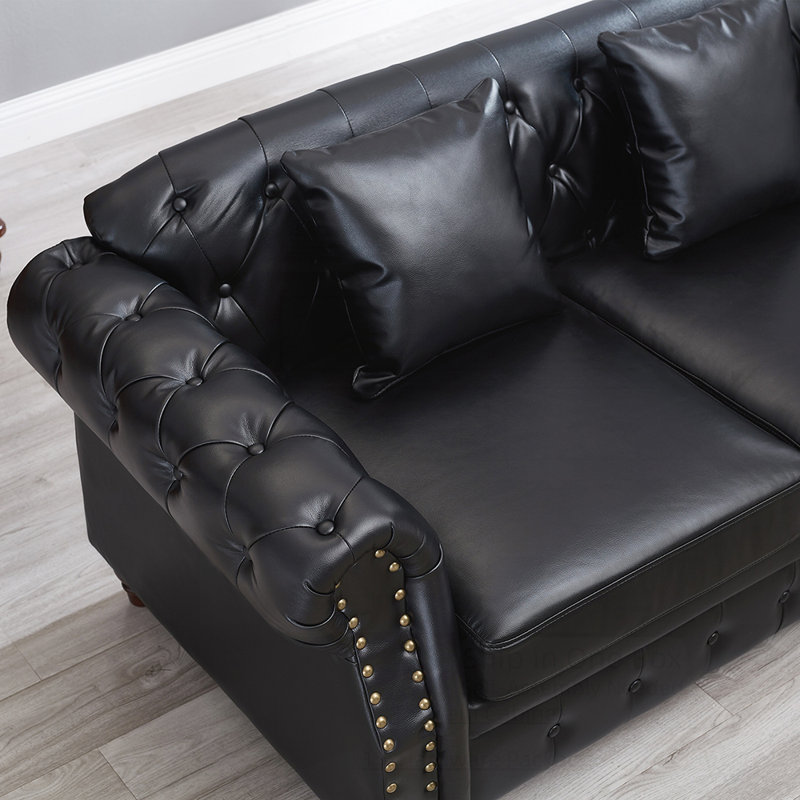 Salon Canapé Chesterfield classique capitonné en similicuir, Noir, noir, noir, noir