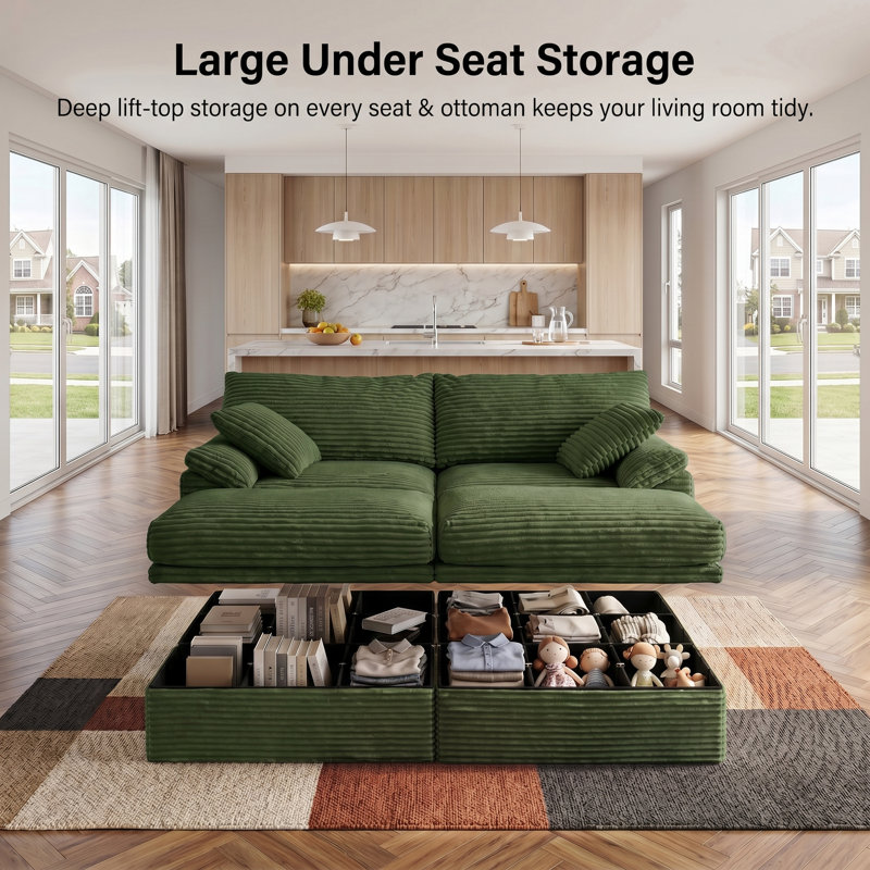 Boneless 70.8"W Oversized Corduroy Sectional Loveseat with Pillow Topped Arms, 4-Piece Modular Sleeper Sofa with 2 Ottomans, Under-Seat Storage & 2 Pillows for Living Room, Easy Assembly