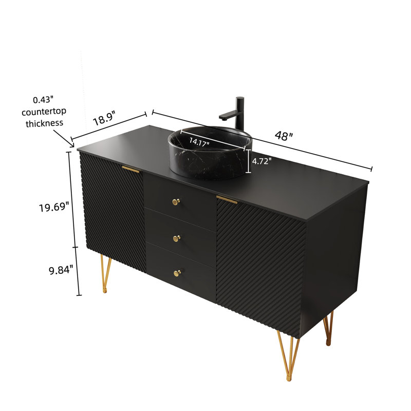 Meuble-lavabo de 48 po avec vasque en céramique noire à motif de pierres rondes, pieds en métal doré, 3 tiroirs et 2 portes de rangement, surface frittée, armoire en contreplaqué haute performance, évier à teinture avec