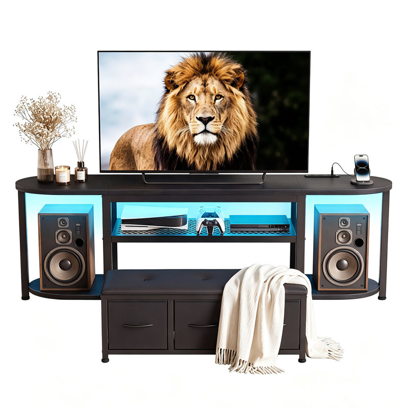 Meuble télé moderne de 160 cm avec banc de rangement et éclairage DEL RVB, Noir