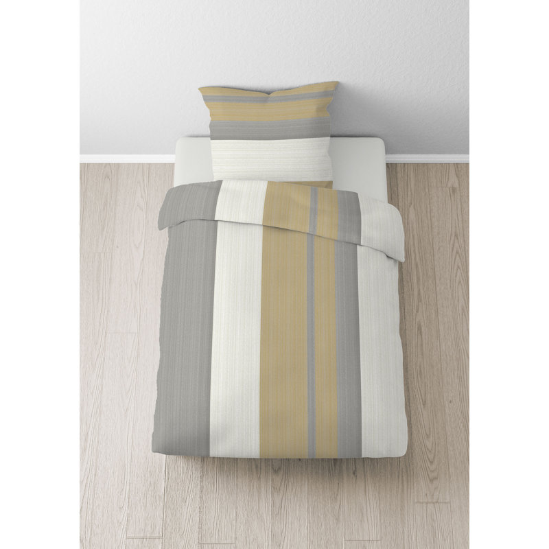 Striped Duvet Cover Set with Pillow Shams, Mustard/Grey/Ivory, 135 x 200 cm - 1 Pillowcase (80 x 80 cm)