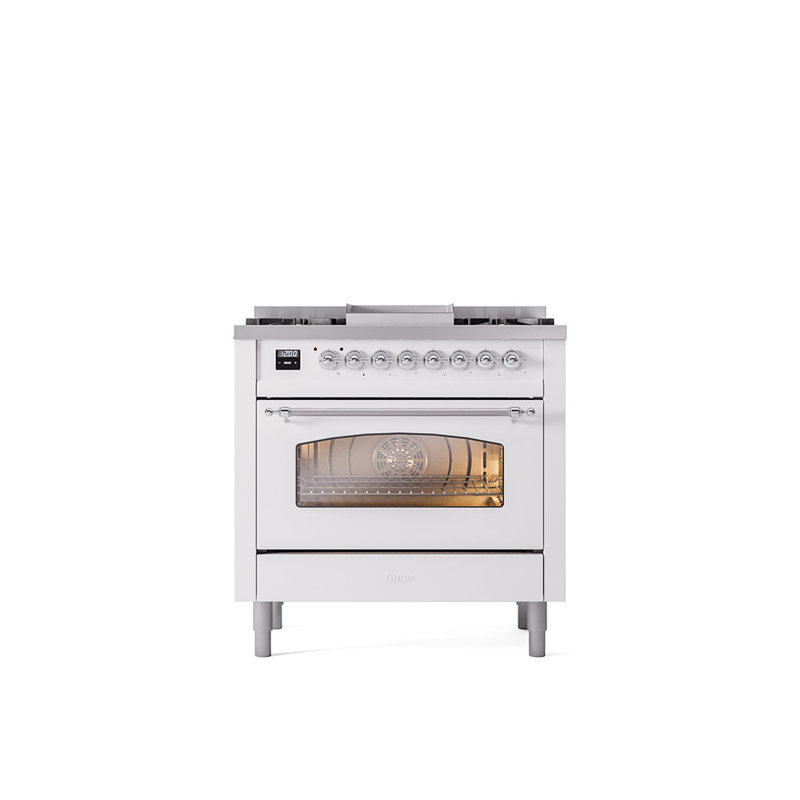 ILVE Nostalgie II Series 36 inch Dual Fuel Range with 6 Burners, Griddle (Glass Door), White/Chrome, Natural Gas