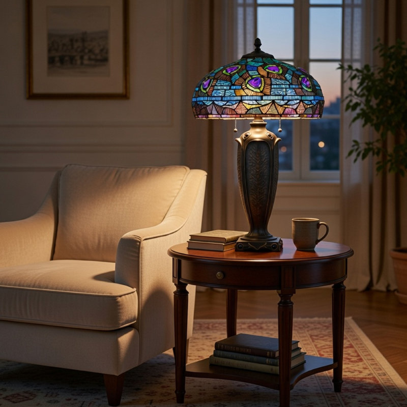 Lampe de table avec chaînette, vitrail Tiffany bleu, bronze foncé 26 pouces
