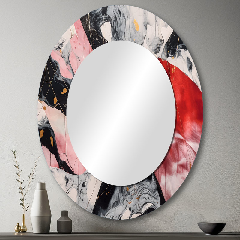 Red And Black Marble Whispers II - Large Oval Wall Mirror On Metal, 43" x 33"