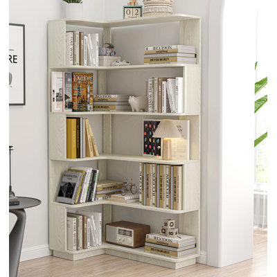 90cm (35.43") Extended Size 5-tier Freestanding L-shaped Corner Bookshelf For Living Room, Bedroom, Home Office Wooden Bookcase With Anti-drop Panel And Anti Tipping Device, Display Shelf Open Storage