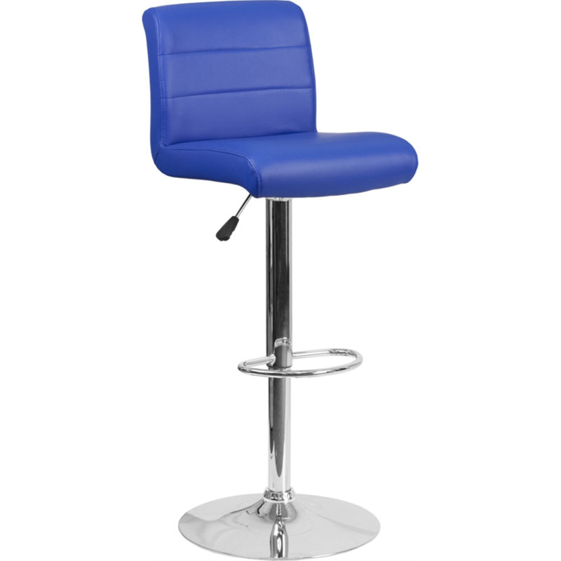 Chestertown Contemporary Vinyl Adjustable Height Barstool with Rolled Seat and Chrome Base, Blue