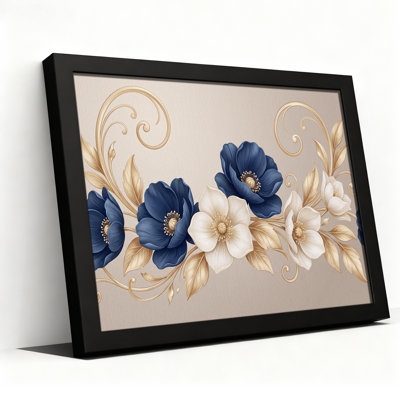 Art mural sur toile bleu marine et fleurs crème avec feuilles dorées