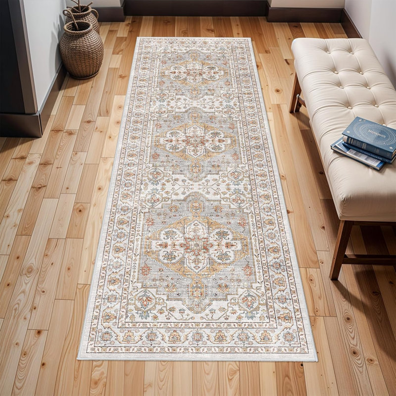 Washable Hallway Rug: Non Slip Rugs with Rubber Backing Soft Kitchen Rug Farmhouse Distressed Carpet for Living Room Bedroom Bathroom (Turmeric/Grey)