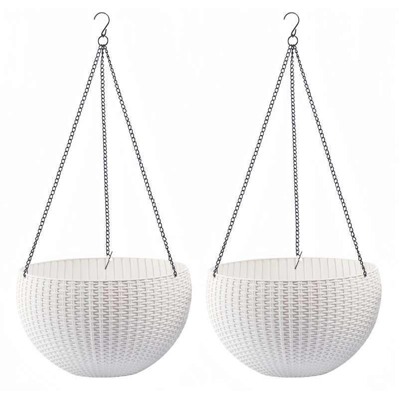 13 In. W Plastic Rattan Hanging Round Planter Set With Self-watering System (2-packs), White