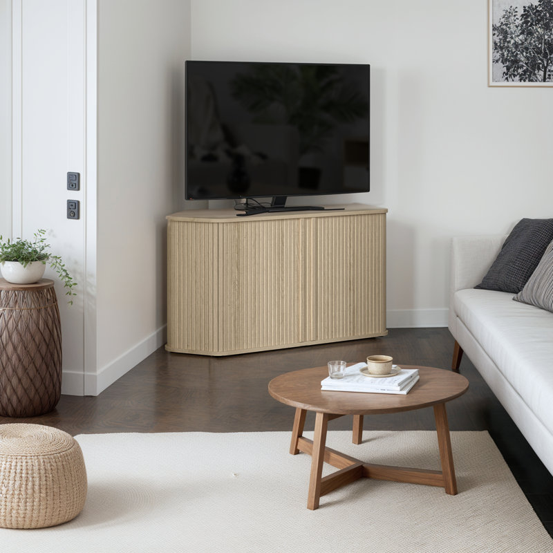 Aurel Modern Fluted Sliding Door Corner TV Stand with Storage, Beige