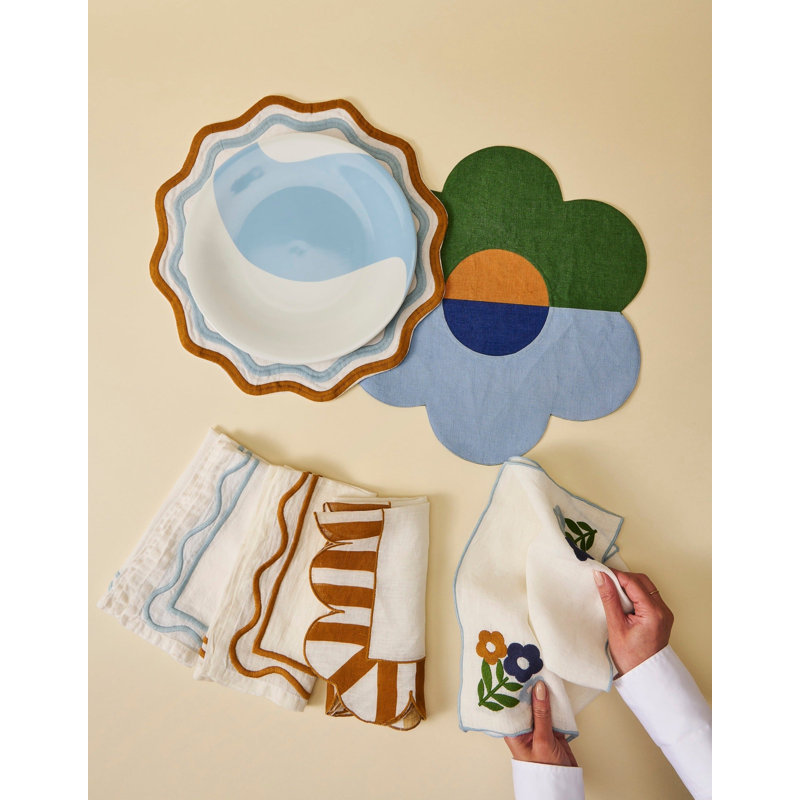 Jardin Embroidered Linen Scalloped Stripe Napkins, White/Amber