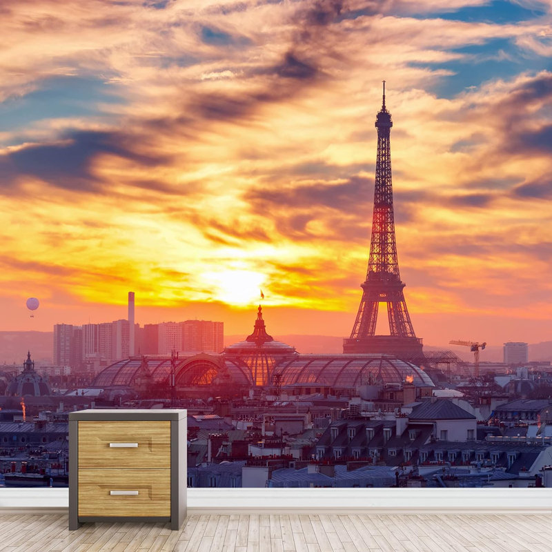 Vibrant coucher de soleil, Tour Eiffel, Paris, paysage urbain, photographie, bâtiments de la ville, papier peint, peintures murales