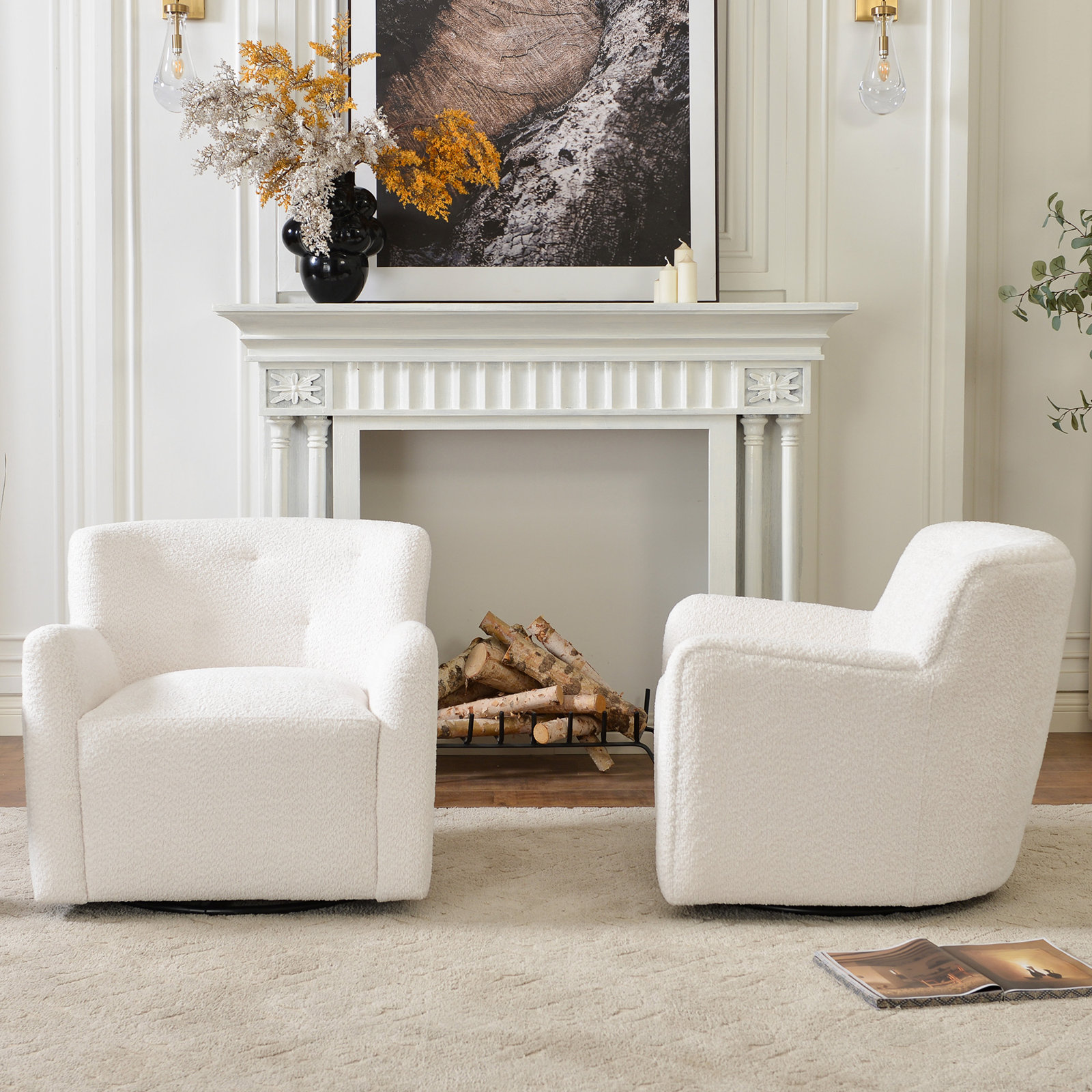 Fae Pine Swivel Accent Chair, White Chenille