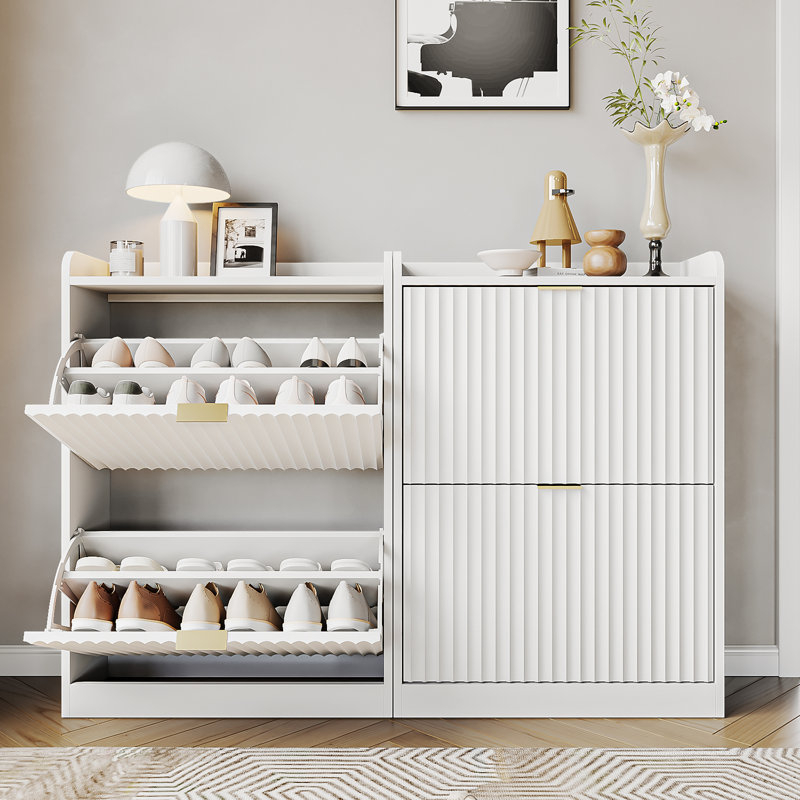 12 Pair Shoe Cabinet With 2 Flip Drawers, 4-Tier Shoe Organizer With Adjustable Shelves,White, White